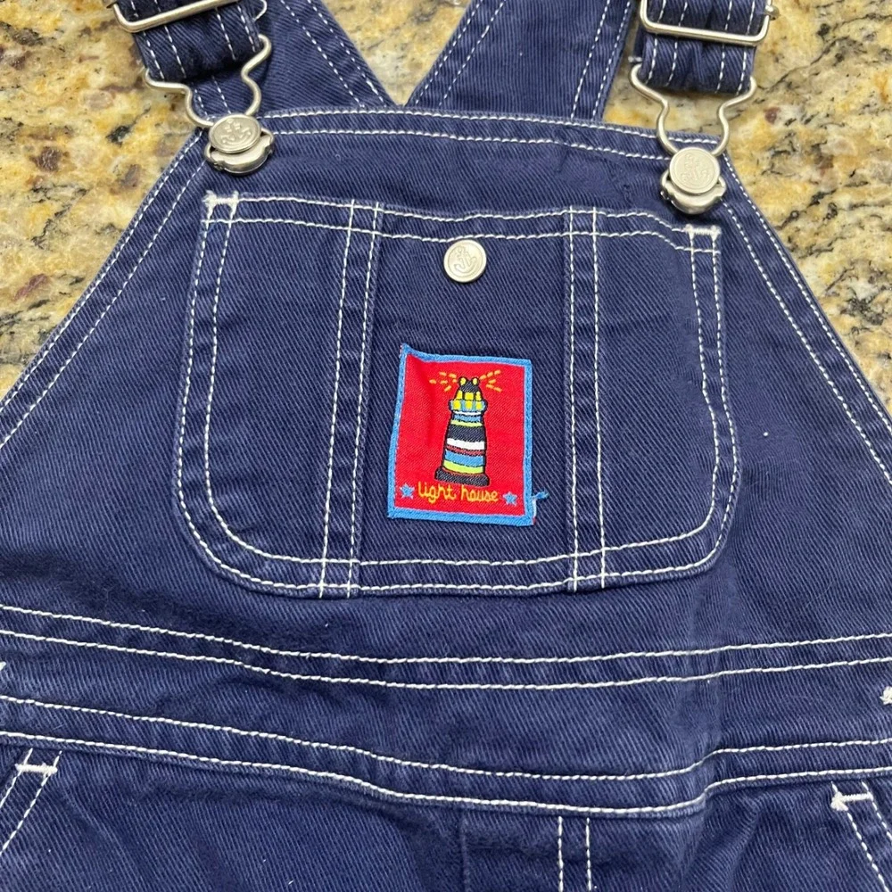 Vintage Gymboree Boy Navy Blue Nautical Lighthouse‎ Cotton Twill Overalls Size S